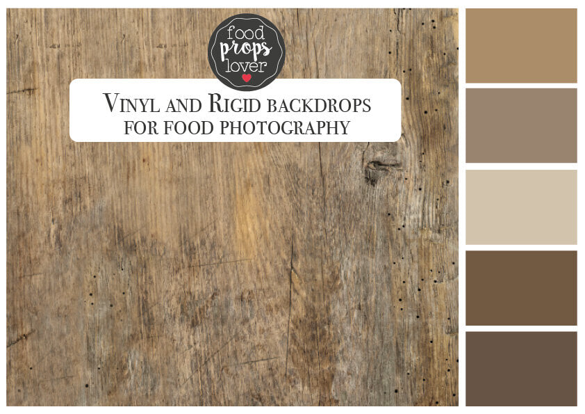 Sfondo fotografico per food photography in vinile con effetto legno rustico e vissuto, perfetto per scatti caldi e autentici.