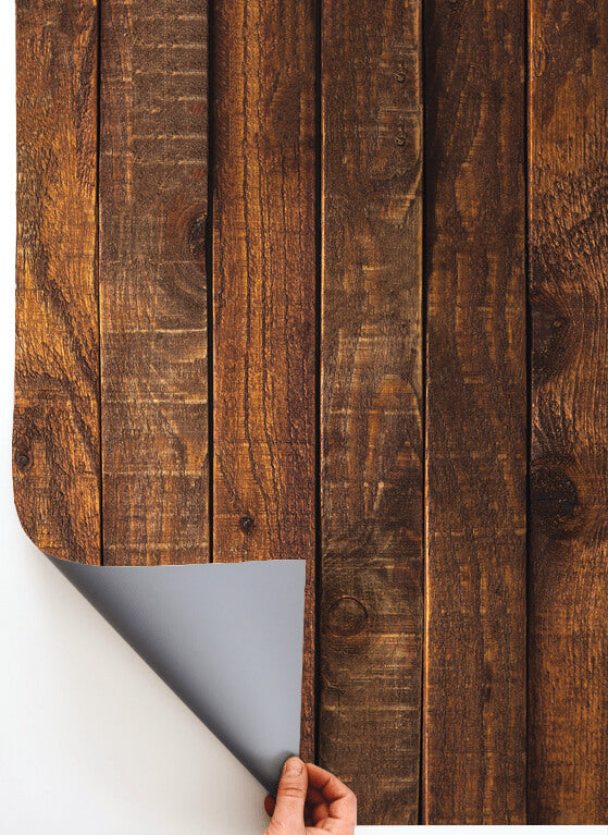 Sfondo fotografico ROVERE in vinile, con doghe di legno sfalsate e texture calda, ideale per food photography rustica e dinamica